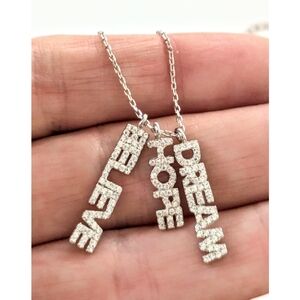 Sterling Silver BELIEVE HOPE DREAM Pave C.Z. Script Charm Dangle 925 Necklace 18